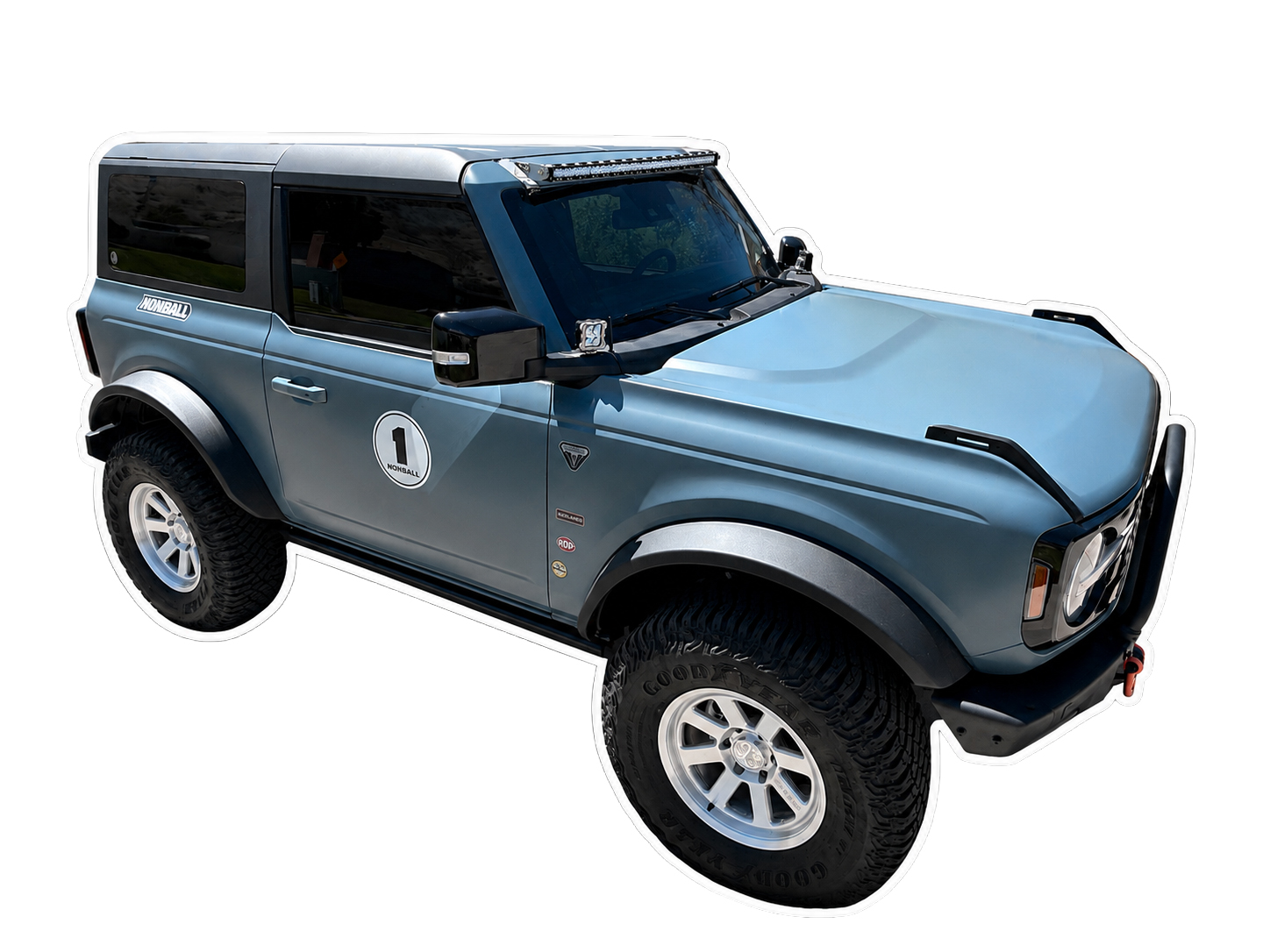 BLU-OLY, the Area 51 blue two-door Bronco with NONBALL number 1 on its door